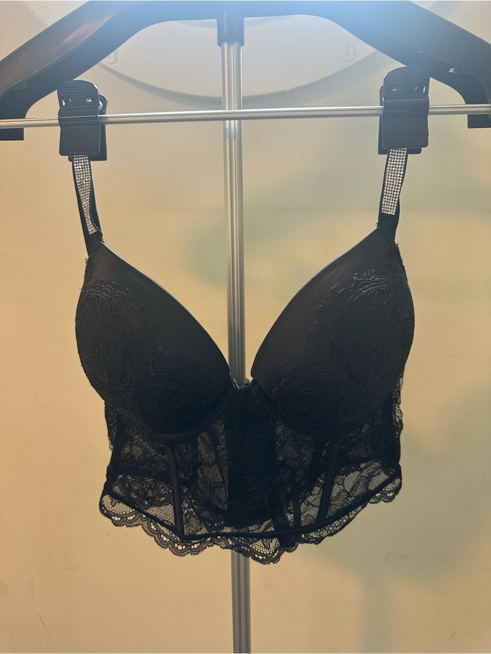 Victoria's Secret Black Lace Longline Push-Up Bra with Rhinestone Straps
